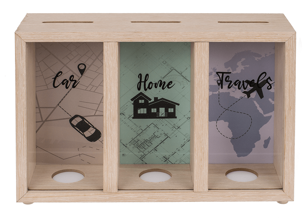 Cutie de bani din lemn cu 3 compartimente - Car, Home, Travel
