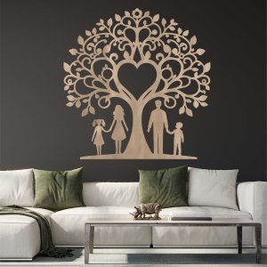 Arbore de familie din lemn pentru perete - Tata, mama, fiica și fiul