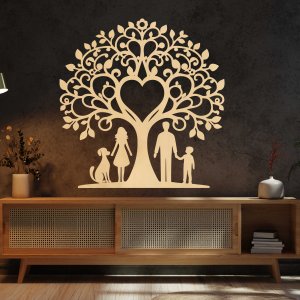Copac de familie din lemn pentru perete - Tata, mama, fiul și câinele