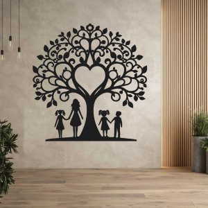 Arbore de familie din lemn pentru perete - Mama, fiul și două fiice