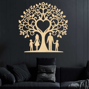 Arbore de familie din lemn pentru perete - Mama, tata și doi fii