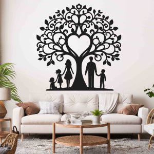 Arbore de familie din lemn pentru perete - Mama, tata, două fiice și un fiu