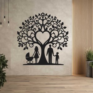 Copac de familie din lemn pentru perete - Mama, tata, fiul și căruciorul