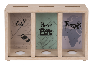 Cutie de bani din lemn cu 3 compartimente - Car, Home, Travel
