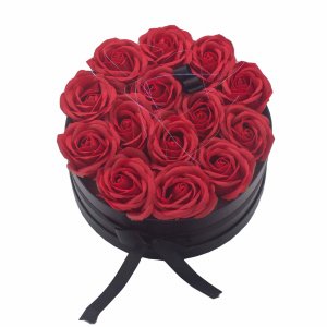 Cutie cadou cu flori de săpun - 14 trandafiri roșii - cerc