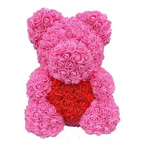 Ursuleț de pluș din trandafiri - roz cu inimă 40 cm